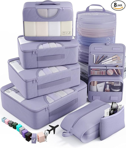 Veken 8 Set Packing Cubes for Travel Essentials, Suitcase Organizer Bags in 4 Sizes, Carry-On Luggage Accessories with Large Laundry & Hanging Toiletry Bag, Must-Have for Airplane, Road Trip & Camping