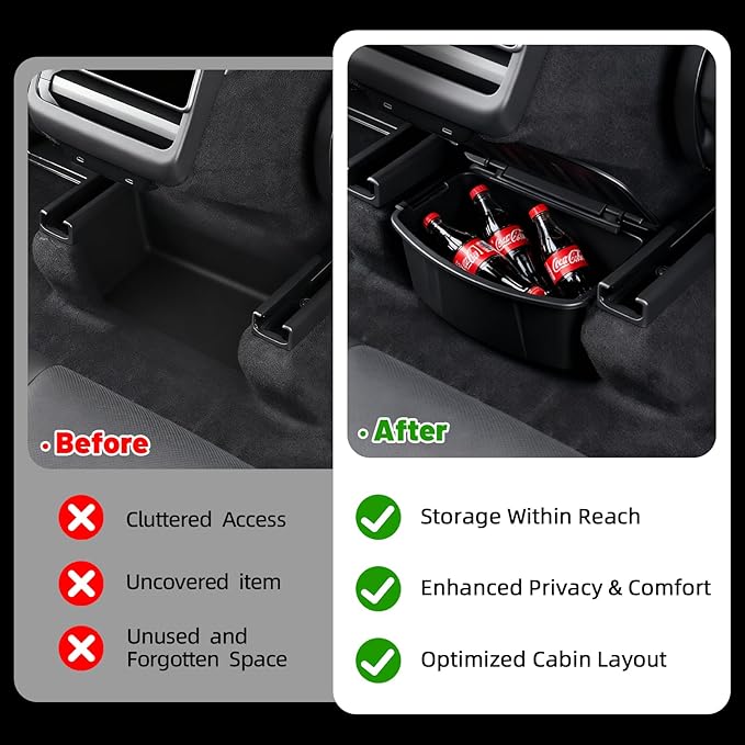 Rear Center Console Organizer for Tesla Model Y Juniper 2025 2026, Backseat Storage Box Under Center Console Trash Can Bins with Anti-Slip Lid Cover, New Model Y Interior Accessories