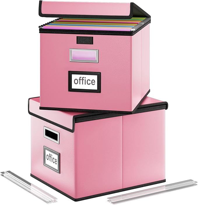 Portable Leather File Organizer Storage Boxes, Collapsible File Folder Organizer Boxes with Lids, Document Organizer, Decorative Filing Box Cabinet for Letter/Legal File Folder Storage