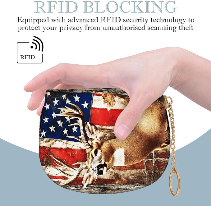 Women's Slim RFID Wallet – Compact Leather Card Holder Wallet for Women, 9 Card Slots RFID Blocking Credit Card Organizer, Small Travel Wallet - American Flag and Deer