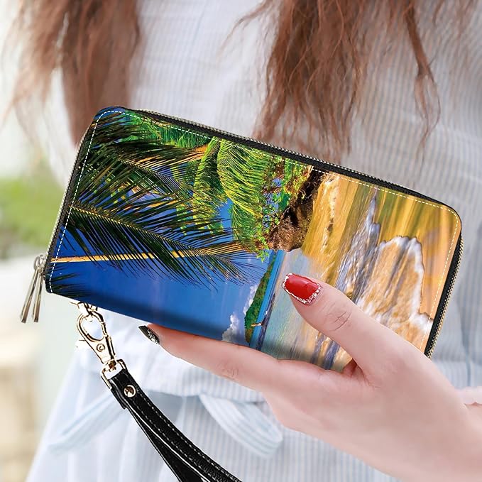 Women's Large Capacity Wallet PU Leather Double Zipper Clutch Purse Multifunctional Wallet with Removable Wristlet Strap for Smart Phone/Coin/Card/Cash, Shore Palms Tropical Beach