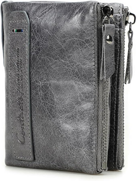 CONTACTS Soft Leather Wallet for Women and Men Small Bifold Coin Purse Double Zipper Card Holder with RFID Blocking (Gray)