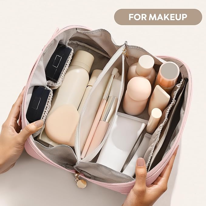mibasies Flat Lay Open Travel Makeup Bag, Dual-Zipper Diagonal Cosmetic Bag, Large Capacity Waterproof Toiletry Bag for Women