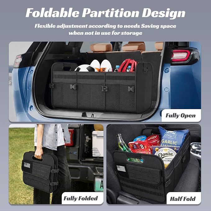 Sposuit Car Trunk Organizer for SUV - 105L Collapsible Tactical MOLLE Car Storage with Reinforced Handles & Multiple Pockets, Sturdy Trunk Organizers for Groceries, Tools & Outdoor Storage (Black)