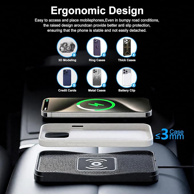 Wireless Car Charger, 15W Max Wireless Charger for Car, Non-Slip Charging Pad Compatible with iPhone 17/16/15/14/13/12, Samsung Galaxy S25-S9 (Type-C)
