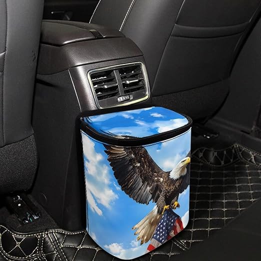 Biyejit Eagle American Flag Car Trash Can with Lid and Storage Pockets, Vehicle Trash Bag Waterproof Car Dustbin Garbage Bin Organizer, Leak-Proof Hanging Cars Storage Bag Container for SUV Auto