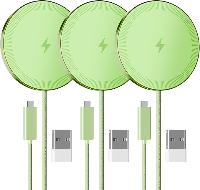 15W Wireless Charger for Apple MagSafe Charger, Magnetic Fast Charging Pad | Compatible for iPhone 17 16 15 14 13 12 Pro Max, AirPods-Slim Portable for Desk Bedside and Travel - 3 Pack, Light Green