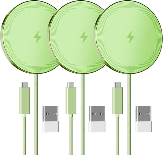 15W Wireless Charger for Apple MagSafe Charger, Magnetic Fast Charging Pad | Compatible for iPhone 17 16 15 14 13 12 Pro Max, AirPods-Slim Portable for Desk Bedside and Travel - 3 Pack, Light Green