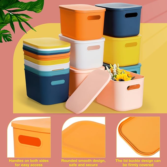 Thyle 24 Pack Classic Colorful Plastic Storage Bins with Lids 7 Quart Toy Storage Box Stackable Nestable Organizer Boxes with Handle and Labels for Classroom Shelf Bedroom Desktop Toys School Supplies