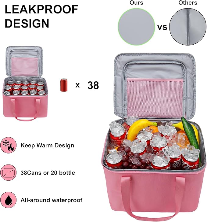 Car Trunk Organizer and Storage with Lid & Removable Leakproof Cooler Bag, Car Accessories 6 Removable Dividers for Custom Space, Collapsible Large Trunk Organizers Interior for SUV & Sendan, Pink