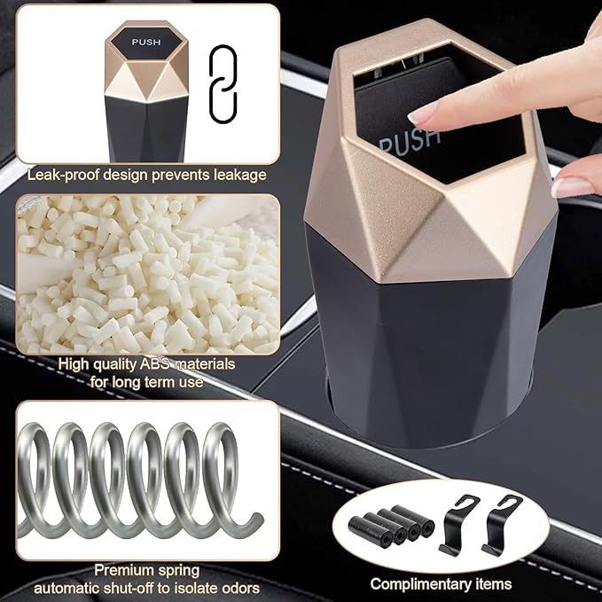 BFXM Car Trash Can, Car Trash Bin with Lid, Car Accessories for Women Interior, Car Garbage Can with Additional 2 ABS Hooks and 60pcs Trash Bags, Suitable for Home, Office, Car Organizer, Gold