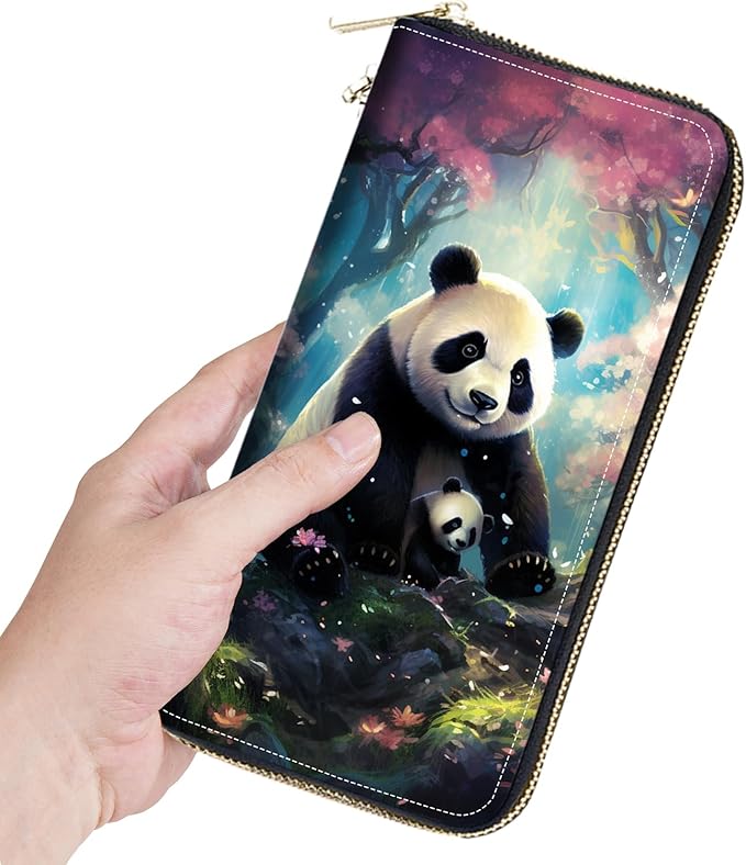 Women's Large Capacity Wallet, Portable PU Leather Zipper Wallet for Smart Phone/Card/Coin/Cash, Multifunctional Clutch Wallet with Removable Wristlet Strap, Cute Panda