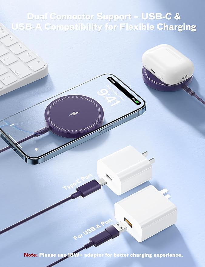 Bohuma Magnetic Wireless Charger for iPhone – 15W Fast Charging Pad with Dual Ports - Compatible with iPhone 12-17 & AirPods 4 3 2 Pro – Purple Sleek Aluminum Alloy Design for Home, Office & Travel