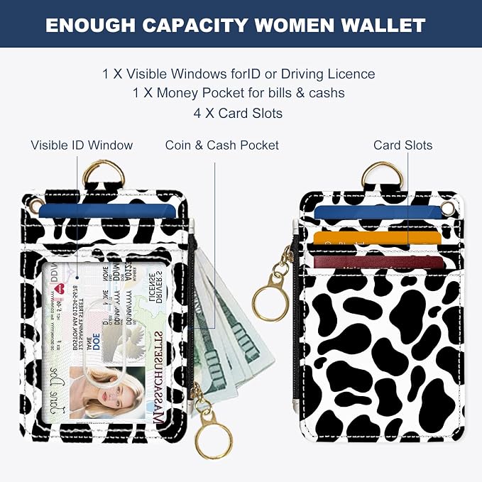 Slim Wallet Credit Card Holder, Black And White Milk Pattern, RFID Wallet Women Cute Small Front Pocket Wallet With Zipper, PU Leather Thin travel RFID Blocking Card Case ID Window ,Ladies Gifts