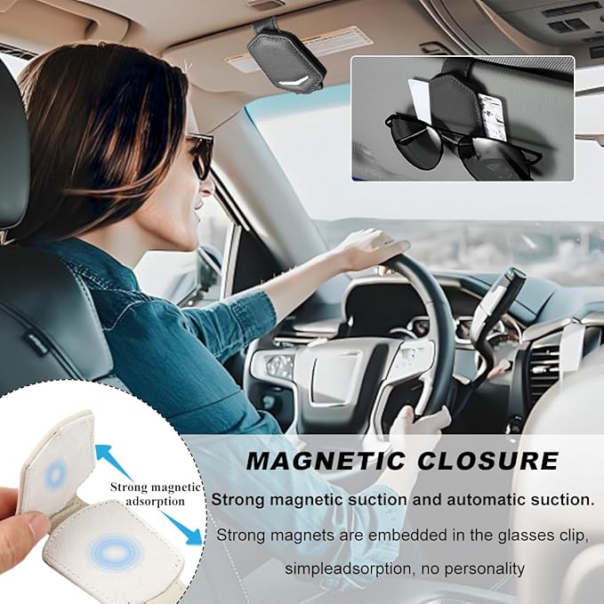 KVAEY Sunglasses Holders for Car Sun Visor, Magnetic Auto Visor Eyeglasses Holder Ticket Card Clip, Multifunctional Leather Sun Visor Glasses Hanger Mount Clip, Car Accessories (Black)