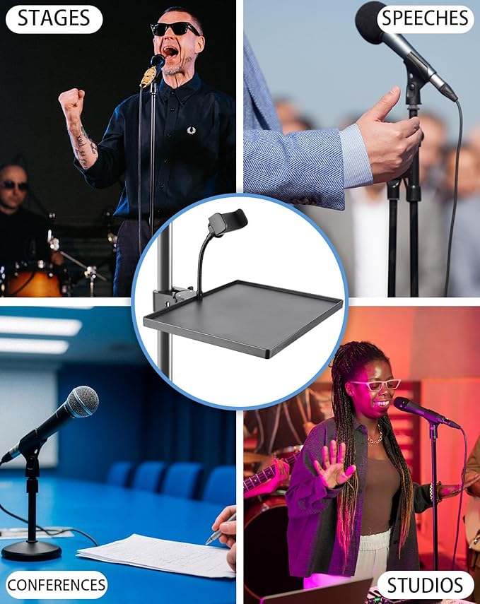 BILIONE Mic Stand Tray with Gooseneck Phone Holder, 10.6" X 7.8" Microphone Stand Tray Crab Clamp On Music Stand Floor Shelf Pole Mount, Karaoke Accessories