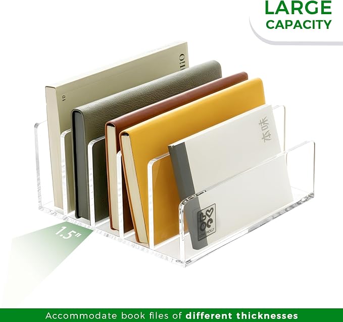 Lovemolly 5-Slot Clear Acrylic Mail Holder – Vertical Letter Sorter & Desk Organizer for Bills, Envelopes & Notebooks, Compact 6.88 x 6.69 x 3.93 in