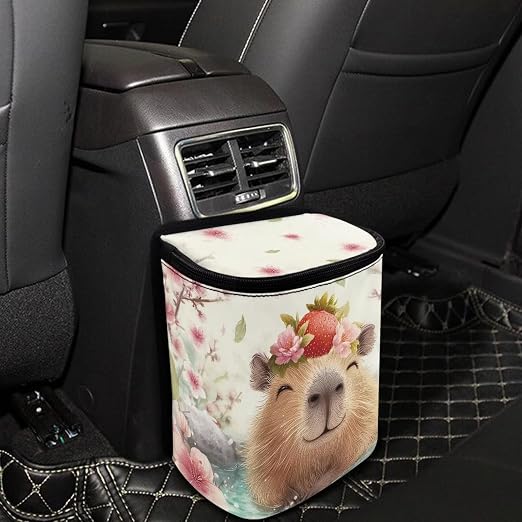 Biyejit Capybara Flowers Cute Car Trash Can with Lid – Multipurpose Collapsible Trash Bin for Car, Leak-Proof Organizer, Waterproof Garbage Can with Storage Pockets & Adjustable Straps