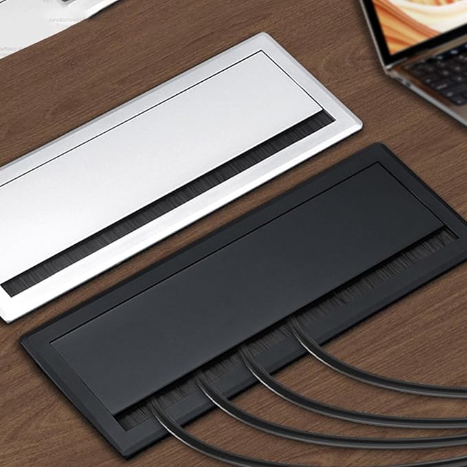 Cable Box Wire Organizer Cable Management Box Wire Holder Flip Brush Aluminum Alloy PP Dustproof Embedded Design Suitable for Office Desk, Black