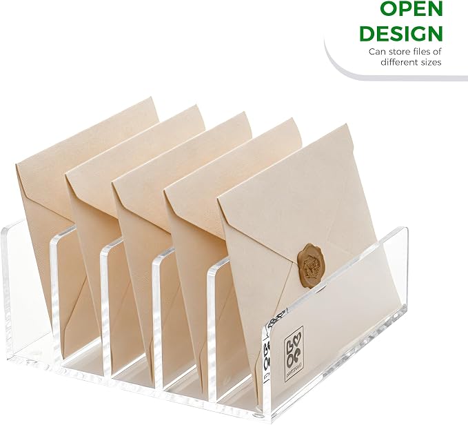 Lovemolly 5-Slot Clear Acrylic Mail Holder – Vertical Letter Sorter & Desk Organizer for Bills, Envelopes & Notebooks, Compact 6.88 x 6.69 x 3.93 in