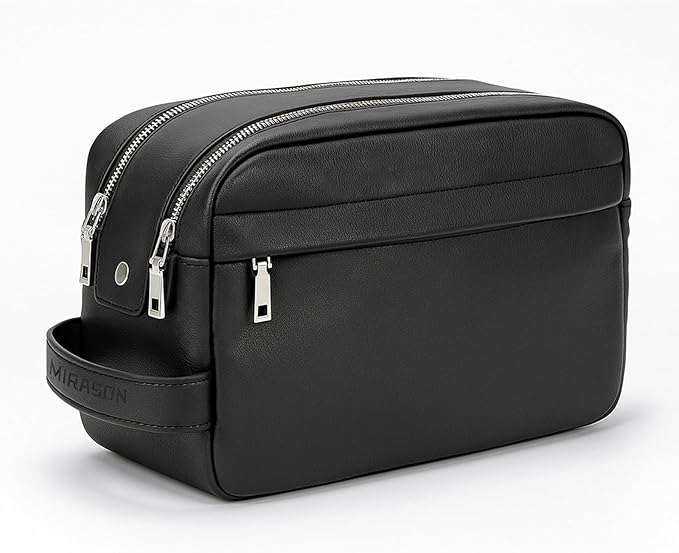MIRASON Toiletry Bag for Men Leather Travel Toiletry Bag Dopp Kit with Metal Zippers, Water-Resistant Bathroom Bag for Travel Essentials Shaving Bag Gifts for Men, Black