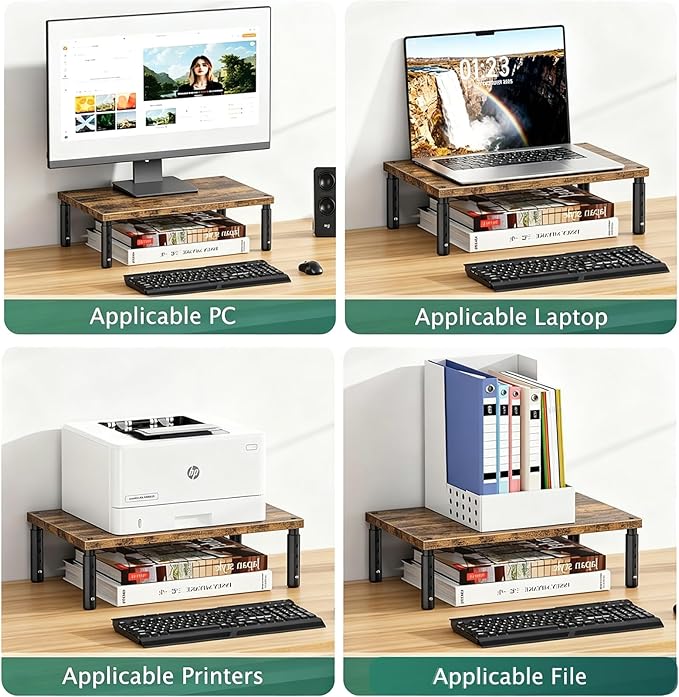 OPNICE Adjustable Monitor Stand Riser for Desk, Computer & Laptop Stand, Desk Organizers and Accessories, Office Desk Accessories & Workspace Organizer for Home Office, Brown Wood 2-Pack