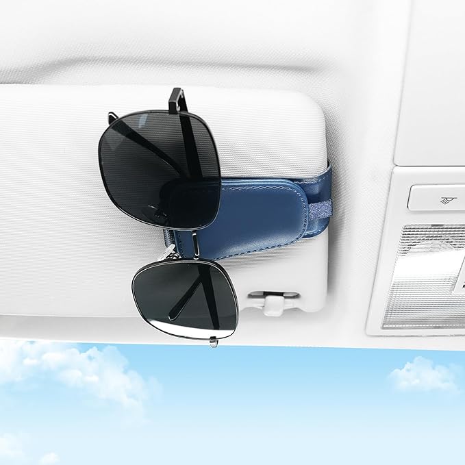 SINGARO 2 Pack Sunglass Holder for Car Visor Sunglasses Holder Clip, Universal Non-Slip Magnetic Leather Glasses Eyeglasses Hanger Mounter, Truck Interior Car Visor Accessories for Woman Man, Blue