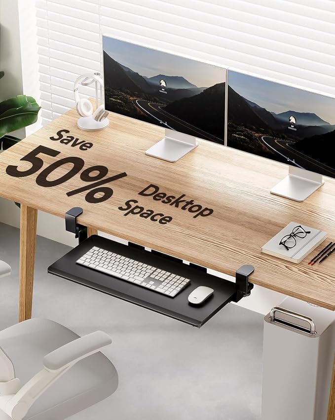 HUANUO Keyboard Tray Under Desk, Keyboard Holder with C-Clamp Hardware, 26.5″ W x 11.8″ D Slide Out Computer Keyboard & Mouse Tray for Home Office, Black, HNKB12B, Large