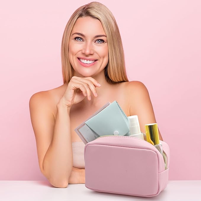 Sweetude 10 Pcs Makeup Bag Bulk for Women Preppy Gift PU Leather Cosmetic Bag Small Skincare Toiletry Pouch Mother Travel Cosmetic Pouch for Bridesmaid Bride Wedding Gift Favors (Colored Powder)