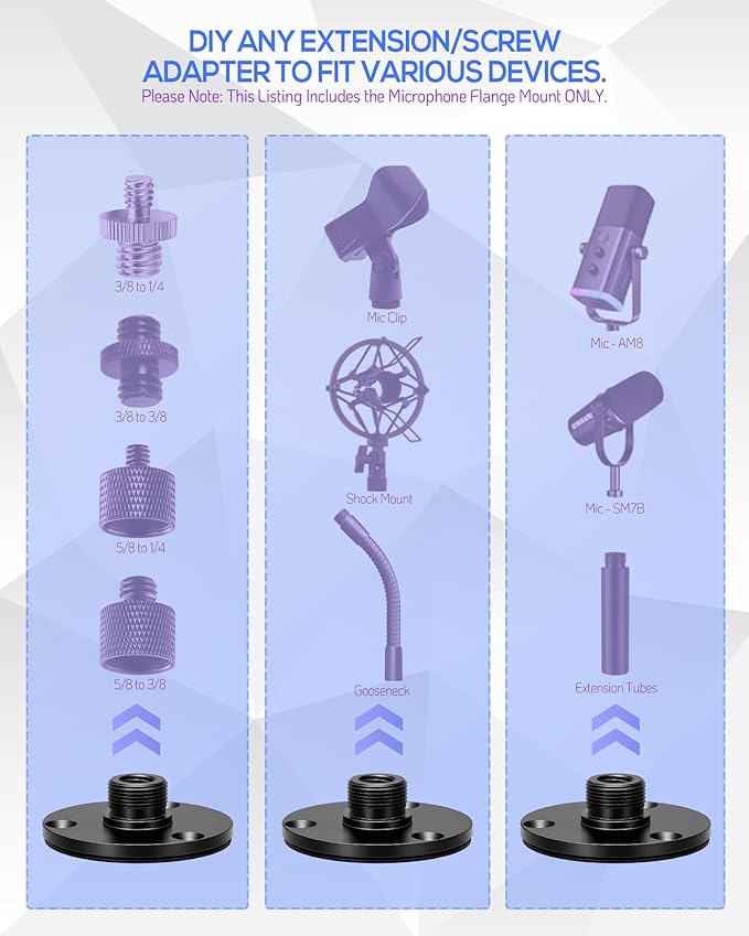 Mic Podium Flange Mounts with Pad KB48 - Microphone Gooseneck Table Mounts with 5/8-27 Male 3/8-16 Female Threads and Mounting Screws, 1PCS