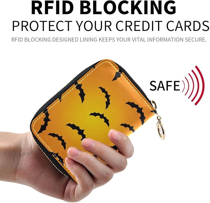 Halloween Bat RFID Credit Card Holder Wallets Accordion for Women Leather Zipper Card Case Accordion Wallet for Ladies Girls