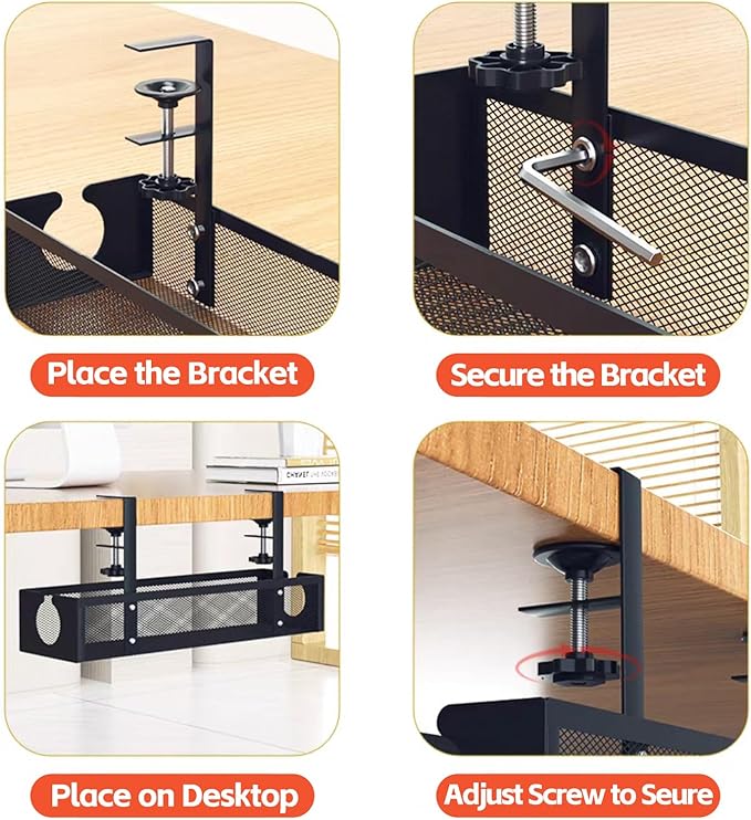 Under Desk Cable Management Tray – No Drill Metal Mesh Cord Organizer for Home Office & Standing, Adjustable Wire Organizer, Space-Saving Desk Tray (Black)