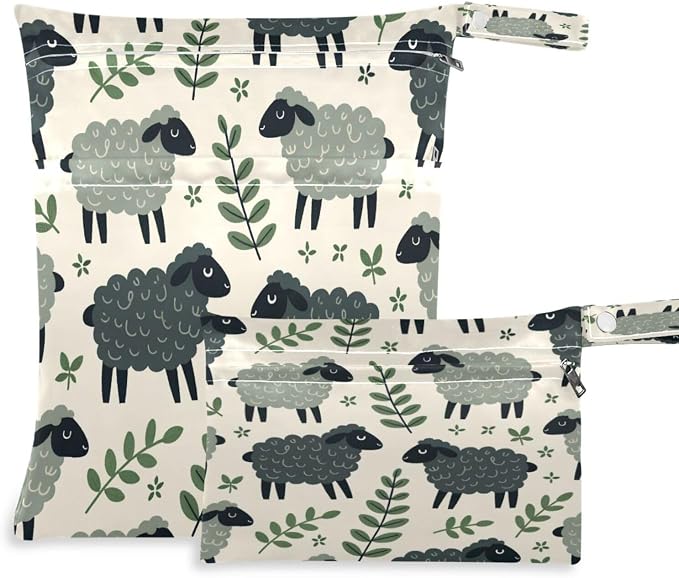 Kigai Darkgray Sheeps Wet Dry Bags, Reusable Waterproof Wet Bags, 2Pcs Travel Beach Pool Bag with Zippered Pockets for Swimsuit, Cloth Diaper, Toiletries & Makeup