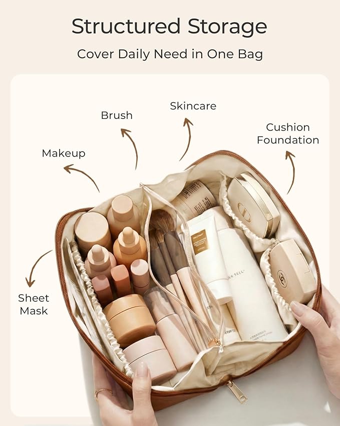 BAGSMART Makeup Bag Travel Cosmetic Bag, Large Make Up Bag Flat Open Toiletry Bag for Women, Waterproof PU Leather Travel Essentials Organizer Case, Wide-open Pouch Purse for Skincare, Brushes, Camel