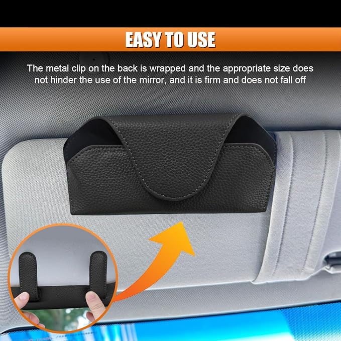 Sunglass Holder for Car Visor, Magnetic Leather Auto Sun Visor Eyeglasses Protective Storage Case with Mount Clip, Vehicle Interior Eyewear Organizer Accessory for Most Cars (Black)