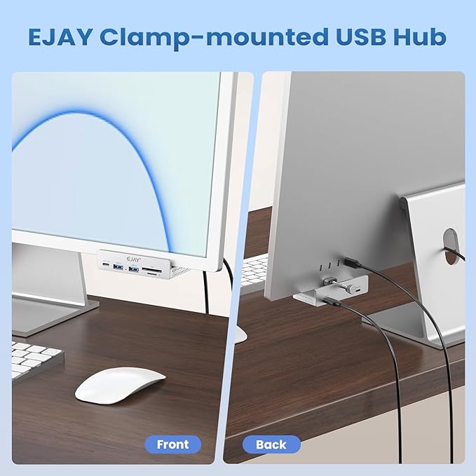 EJAY 5-in-1 Aluminum USB 3.0 Clamp Hub, Desk Edge Docking Station with SD/TF Card Reader, 5Gbps Port Expander with 59" Extra Long Cable for iMac, MacBook, Laptop, PC, Home Office, Silver