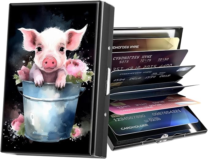 Metal Wallet,Credit Card Holder for Women Men,RFID Blocking Card Holder Mini Slim Aluminum Wallet ID Case Hard Case Business Card Holder Case,Cute Pig Bucket