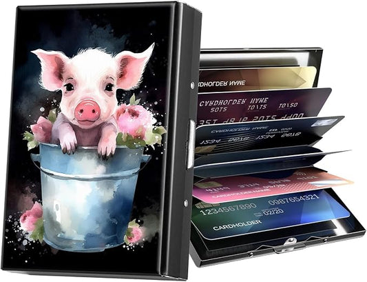 Metal Wallet,Credit Card Holder for Women Men,RFID Blocking Card Holder Mini Slim Aluminum Wallet ID Case Hard Case Business Card Holder Case,Cute Pig Bucket