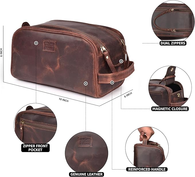 LEATHER VILLAGE Genuine Leather Toiletry Travel Bag With Waterproof Lining - Mulberry Brown | King-Size Handcrafted Vintage Dopp Kit Bag, Shaving & Bathroom Organizer, Gift for Men & Women