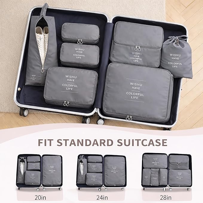 7 Set Packing Cubes For Travel | Luggage Organizer Bags With Shoe, Laundry Bag, Accessory Pouch And Lingerie Bag | Durable And Space Saving Suitcase Organizer For Travel Essentials | Grey