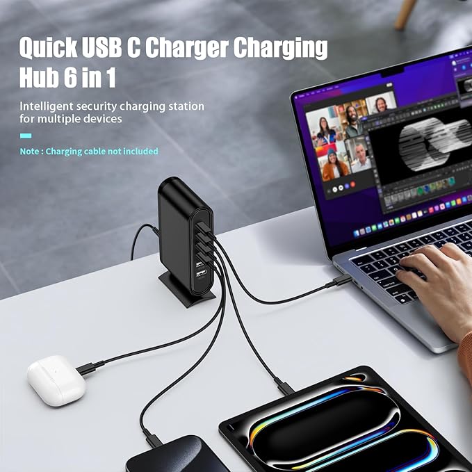 USB C Charger Block Fast Charging Station,6-in-1 Desktop Charger Adapter,USB Laptop Brick Hub for Apple Watch iPhone 17/16 15/14/13/Pro Max,iPad Air,MacBook,Samsung Galaxy S24+/S23 Ultra,Android
