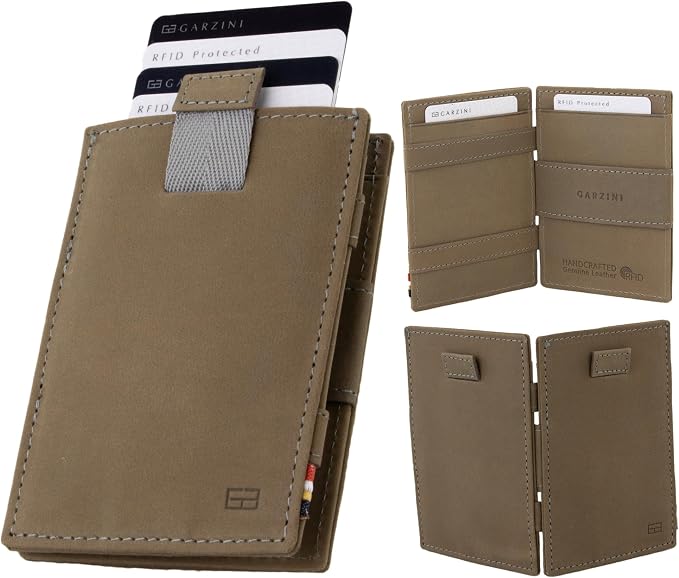 GARZINI Magic Wallet with Pull-Tab, Minimalist Wallet with RFID card holder, Leather Wallet for 12 cards, Metal Grey
