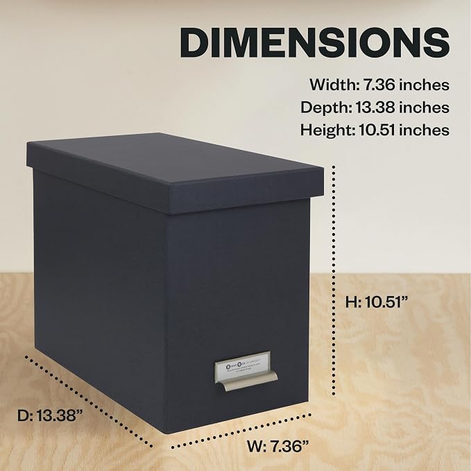 Bigso John Fiberboard Label Frame Desktop File Storage Box - Document Organizer for Important Paperwork - Durable Hanging File Box with a Lid & Metal Label Window - 7.36 x 13.38 x 10.51 in - Dark Grey
