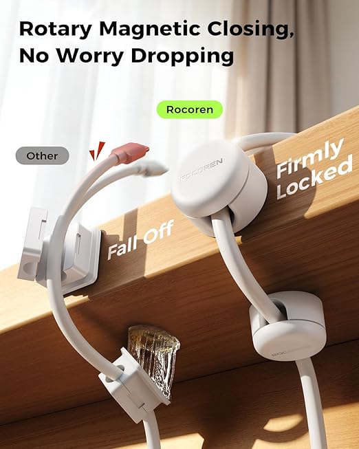 9-Pack Cable Clips [Upgraded], Rocoren Magnetic 360° Rotatable Cord Holder, Adhesive Cable Management Organizer, Wire Keeper for Nightstand Desk Car Home Office Accessories White