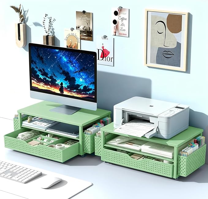 Spacrea Desk Organizer and Accessories, Computer Monitor Stand Riser with Drawer and 2 Pen Holders, Office Desk Accessories & Workspace Organizers for Office Supplies (Sage Green)