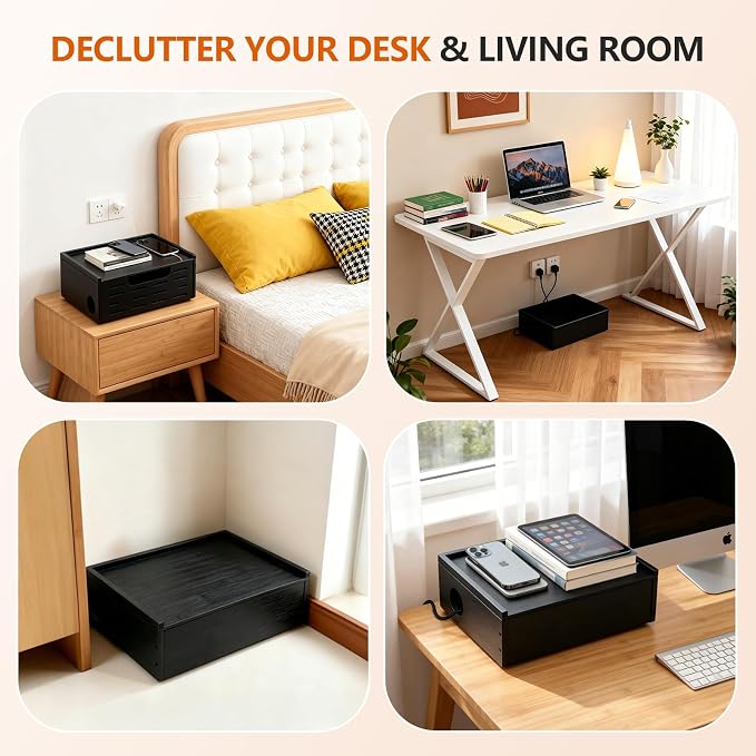 Wooden Black Cable Management Box– Large Extension Cable Organizer Box for Power Strips Floor Outlet Hider Durable Cord Hider for Home Office Under Desk,Floor TV Wires Computer Router USB Hub Cables