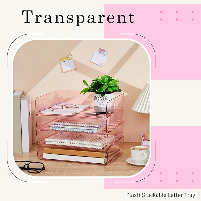 Harloon 4 Tier Acrylic Paper Tray 13 x 9.8 x 3 Inches Stackable Letter Clear Organizer No Need to Assemble Acrylic Paper Organizer File Tray for Office Workspace Desktop Storage (Transparent Pink)