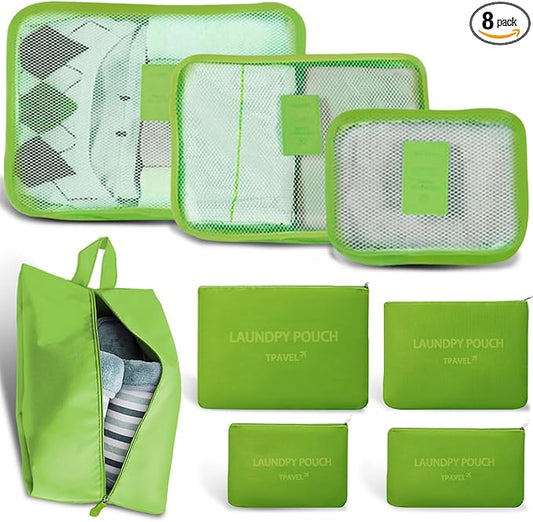 8 Set Packing Cubes for Travel Luggage Packing Bags Reusable Waterproof Suitcase Organizer Cubes Set with Shoe Bag and Toiletry Bag (Green)