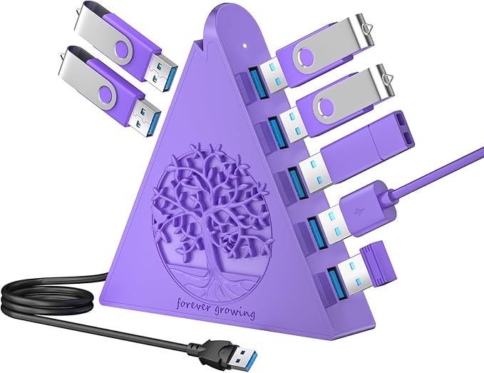 7-Port USB 3.0 Hub, Deep Purple Vertical USB Expander with Tree RGB Lighting, 5Gbps Data Transfer, 2FT Cable, Compatible with Laptop, Desktop, PS5, Xbox, Printer, Flash Drive, HDD