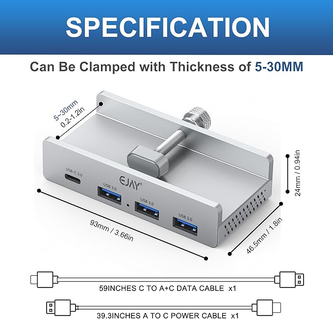 EJAY Mountable 4Ports USB3.0 HUB Alu Desktop Clamp Type C USB3.0 Splitter for Desk/Monitors with Extra Power Supply Port,59inches Data & 39inches Power Cables-5Gbps, Silver